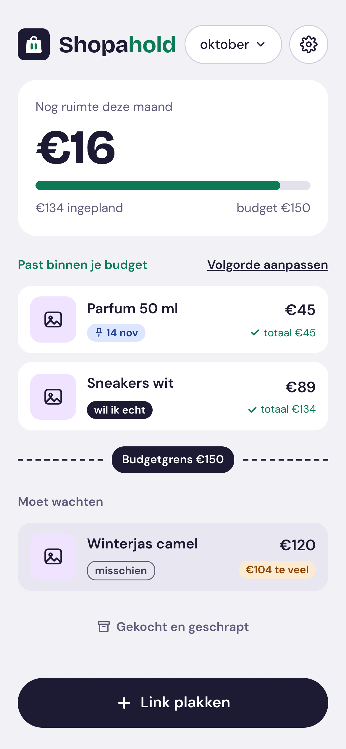 De lijst in Shopahold: bovenaan wat past binnen het budget van €150, daaronder de budgetgrens en wat moet wachten.