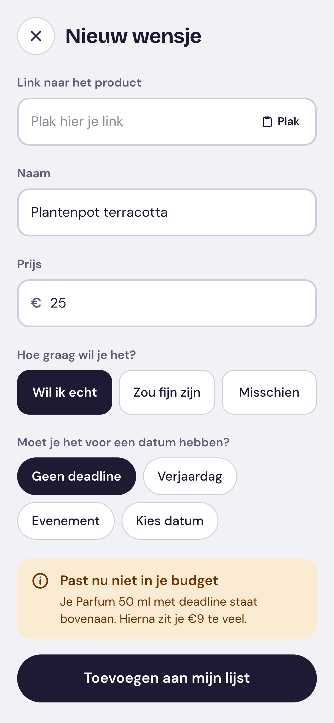 Een nieuw wensje toevoegen met een geplakte link.